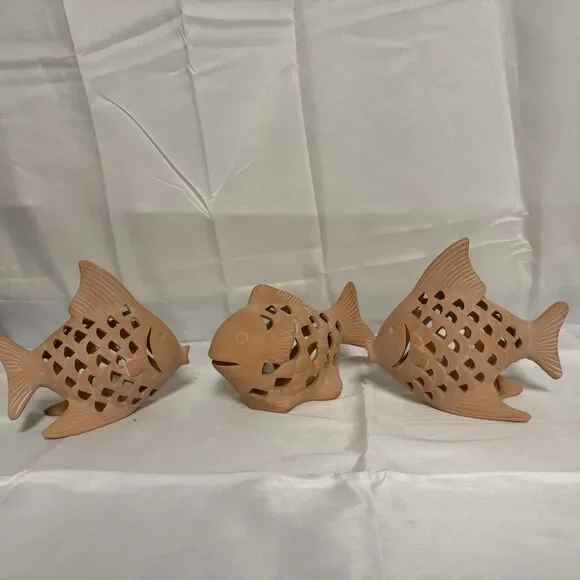 Terra Cotta Fish Votives Set of 3 New Old Stock Home Porch Tea Light          BS