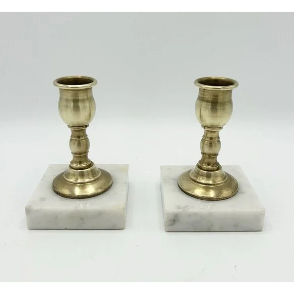 Vintage MCM Pair of Brass & Marble Based Taper Candle Sticks 4”