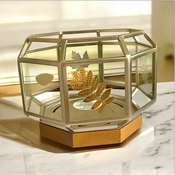 BATH & BODY WORKS GOLD LEAVES WOOD BASE LARGE 3 WICK CANDLE HOLDER SLEEVE 14.5OZ
