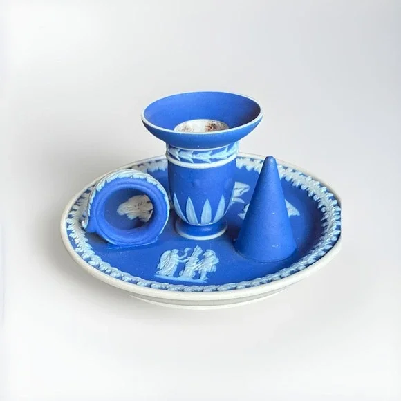 Antique Blue Wedgwood Jasperware Chamber Stick‎ Candlestick Candle Holder *READ*