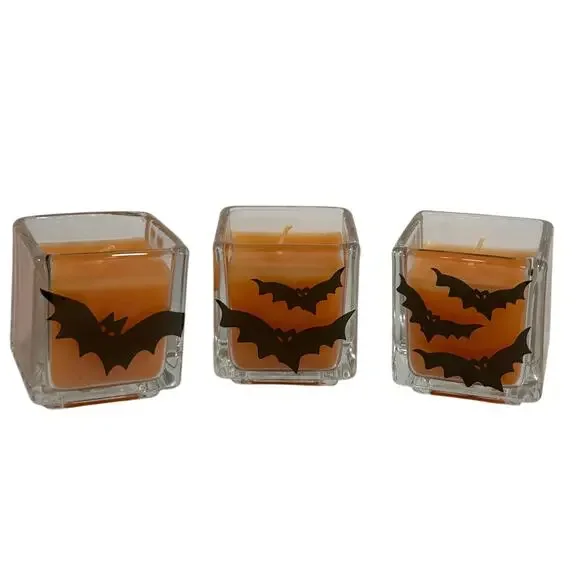 VINTAGE Collectable Halloween Bat Candles Set of 3 Glass Holders Taiwan New Box