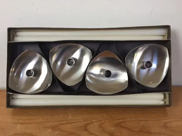 Set Vtg Mid Century Stelton Stainless Danish Modern Floral Taper Candles Holders
