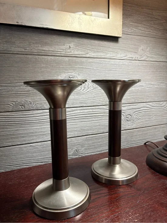 Modern Metal & Dark Wood Candlestick Pair 8”tall