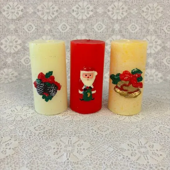 Set of 3 Vintage Christmas Pillar Candles Santa Bells Pinecones Holiday Decor