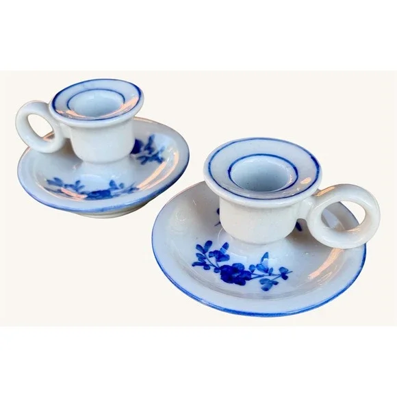 Vintage Blue and White Chamberstick Candle Holder Set Hand Painted Florals
