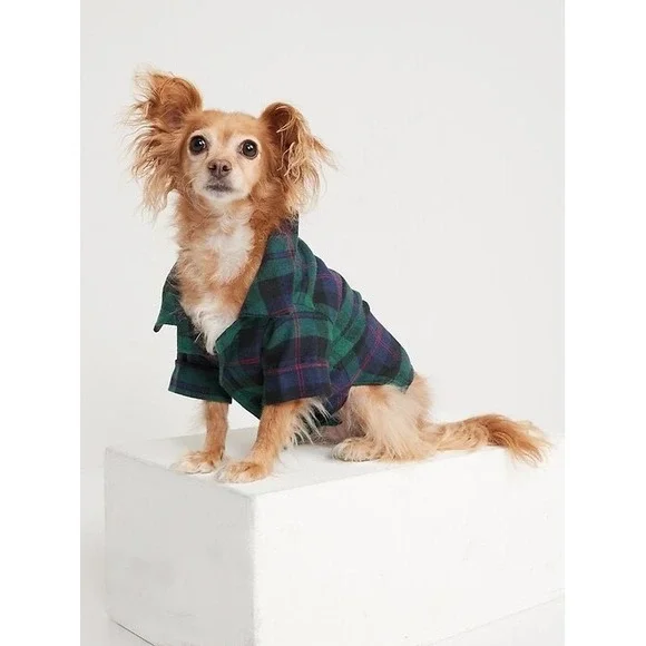 (CL) Old Navy Pet Flannel Shirt Green Navy Plaid Dog Cat Clothes XL NWT