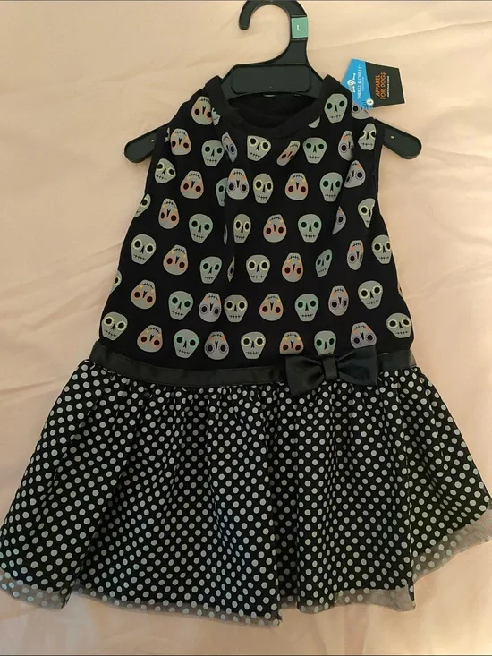 For Dog-  Black Skull & Polka Dot Dress with Bow - size Large