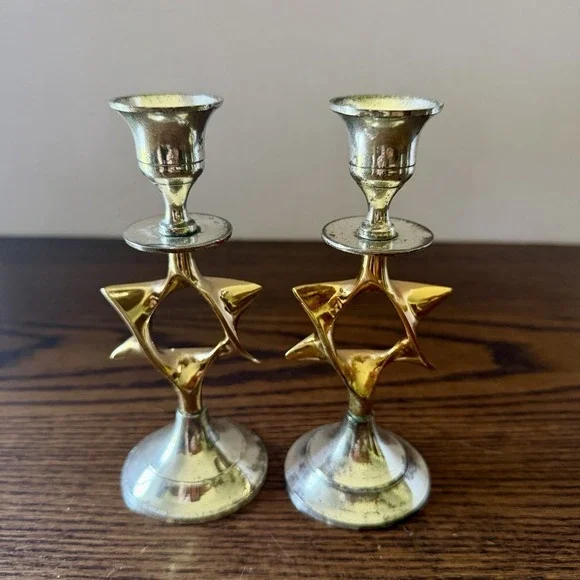 Vintage Karshi Hanukkah Candlesticks Shabbat David Star 24K Gold Plated Set Of 2