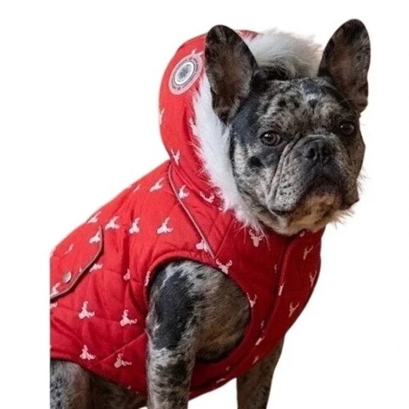 Luvgear Red Reindeer Dog Parka Cold Alert Tech Faux‎ Fur Hood Large L Winter