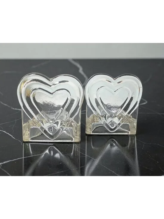 Clear Glass Pair Heart Tealight Candle Holders Embossed Love