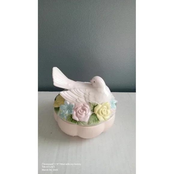 Dove Trinket Box Ceramic Floral Ring Holder Jewelry Dish Cottagecore Decor‎