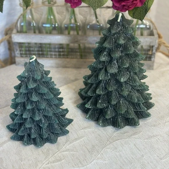 Set of 2 Green Cabin/Christmas/Holiday Tree Candles. Approx 8
