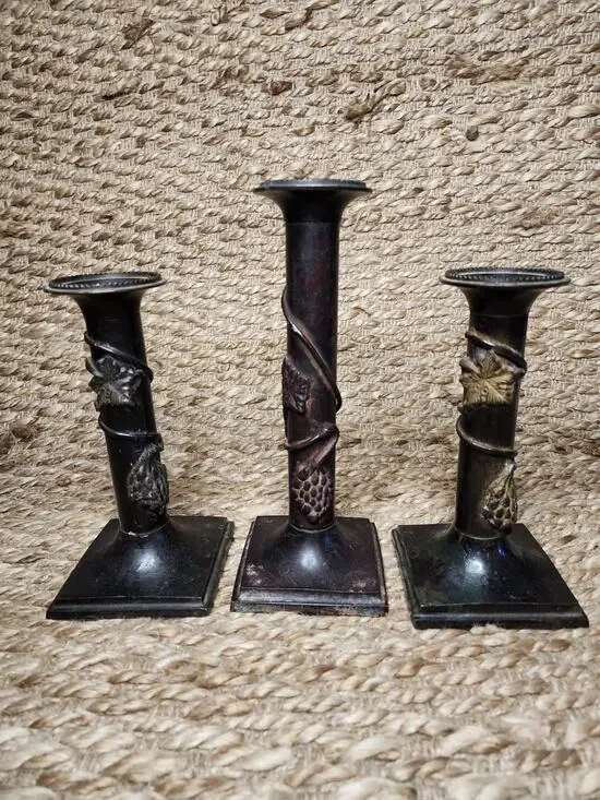 3 Vintage Traditional Italian Cast Iron Bronze Grapevine Candlestick Holders