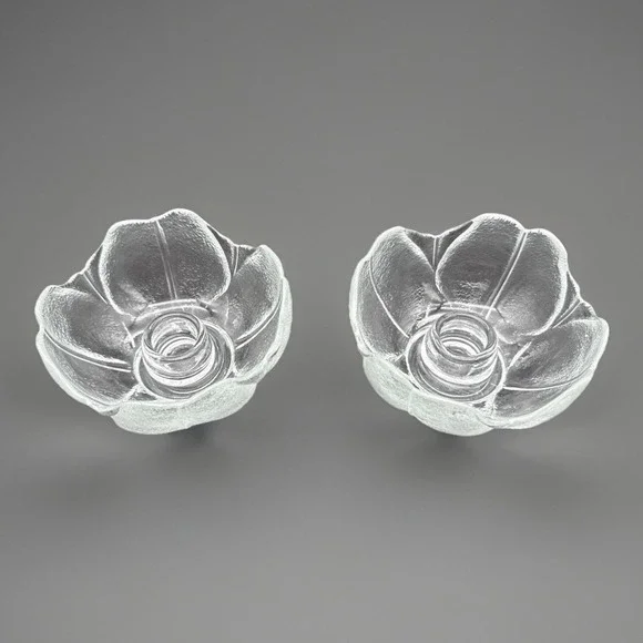 Vintage Clear Frosted Glass Flower Tulip Taper Candle Holders Anchor Hocking 2pc