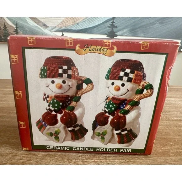 Vintage Snowman Ceramic Candle Holders Pair Holiday Treasures‎ Decor 4