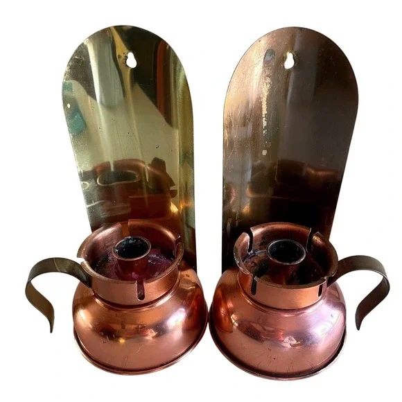 Vintage 70s Coppercraft Guild Copper & Brass Scalloped Wall Sconce Pair - MCM-9