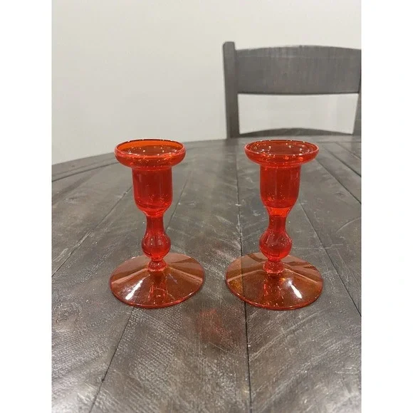 Morgantown‎ Glass Gypsy Fire Orange Candle Holder MCM Pair Vintage