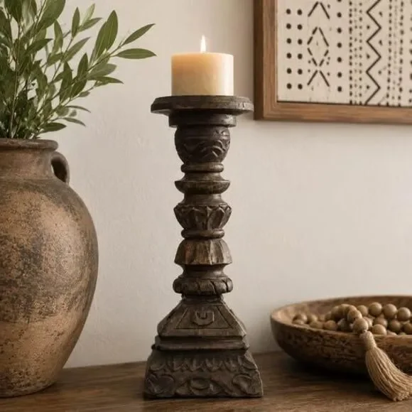 Vintage Hand-Carved Wood Candlestick – 12” Tall | Global Boho Décor