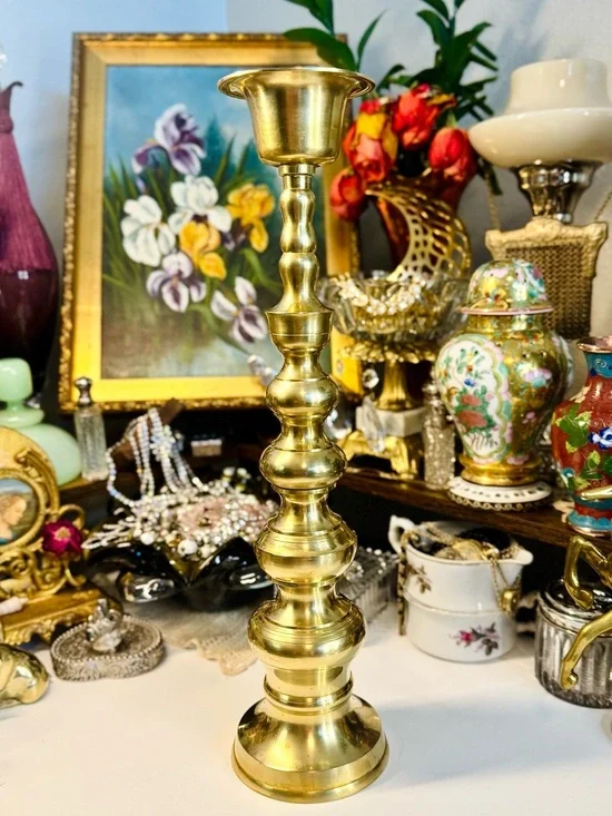Vintage Mid-Century Modern Turned Brass Candlestick Holder (15