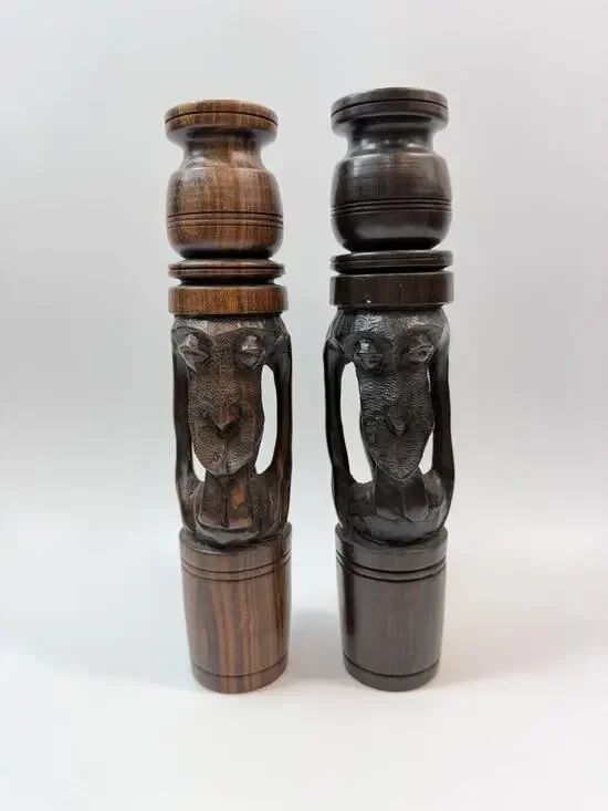 Set 2 Hand Carved Wood Candle Holders Figural Tribal Decor 1.78 lb