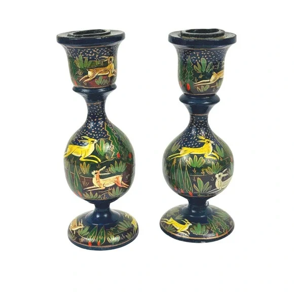 Vintage Kashmiri Hand Painted Wood Candlestick Holders Gazelle Deer Folk Art Set