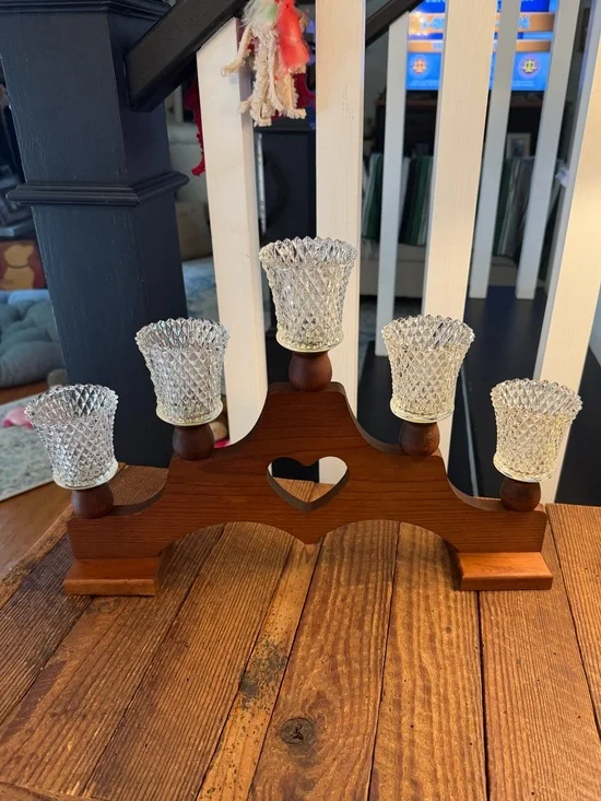 Vintage BOHO Farmhouse Wooden Heart Candle Holder with Cut Glass Votives