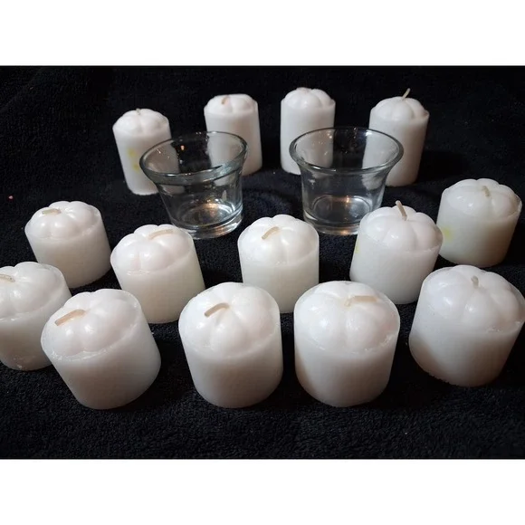 14 White Pumpkin Votive Candles and 2 Glass Holders Fall Thanksgiving Decor Set