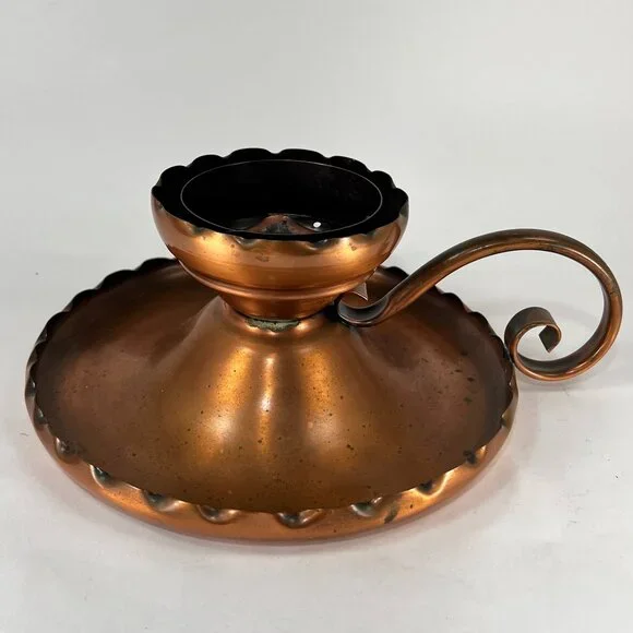 Vtg Gregorian Copper Drip Tray Table Chamber Candlestick Candle Holder Handle