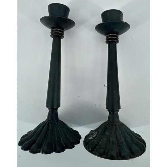 Vintage Pair of Brass And Green Candle Holders‎ Made in Israel 6 inches Tall