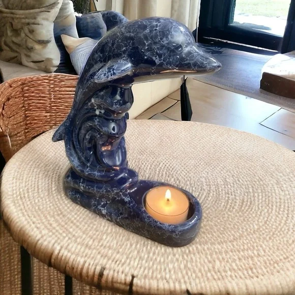 COBALT BLUE CERAMIC DOLPHIN FIGURINE  TEA LIGHT CANDLE HOLDER