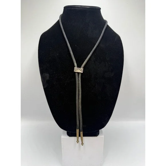 Vintage Geometric Rectangular Bolo Tie Black Braided Cord Brass Tips Western