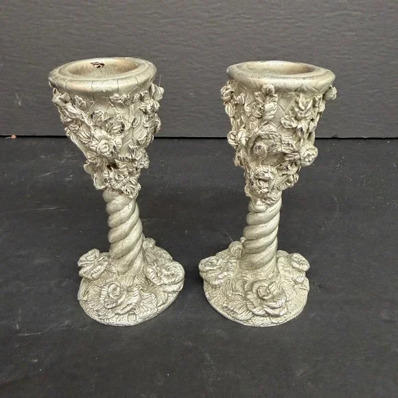 1994 MWFP Pewter Rose Candlestick Holders Silver Floral Shabby Cottagecore Set 2
