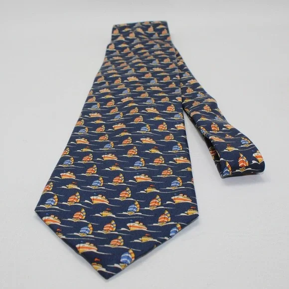 Richel Mens Silk Tie Navy Blue Nautical Sailboat Cruise Ship Hand Made Spain