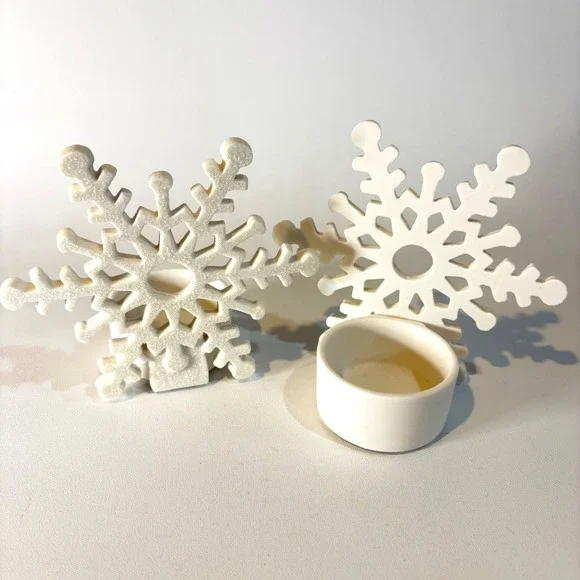 White Glitter Snowflake Tea Light Candle Holders Set of 2 Holiday Christmas