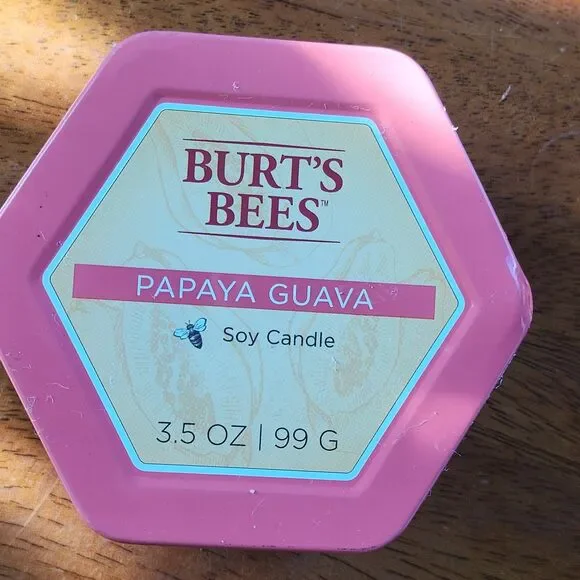Burt's Bees Papaya Guava Soy Candle 3.5 oz Hexagonal Tin 2-Wick 10-15 Hr Burn