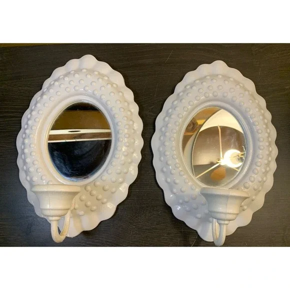 2 Vintage Burwood Mirrored Candle Sconces White Hobnail Homco Home Interiors