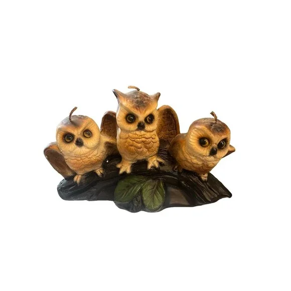 Vintage‎ Three Owls on a Branch Candle Molded Wax Figure Bird Home Decor