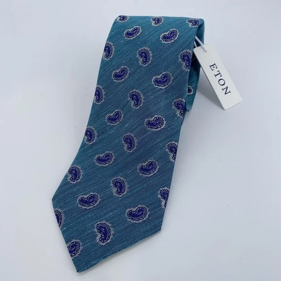 Eton Tie Mens One Size Teal Blue Paisley Silk Linen Necktie Made Italy
