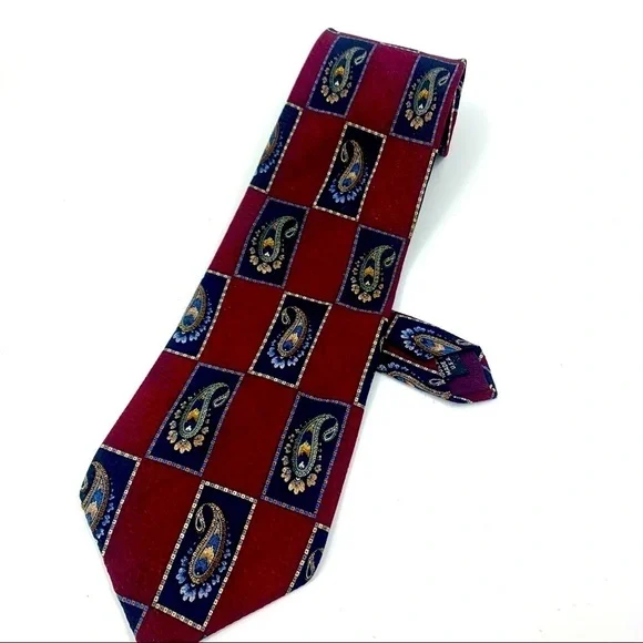 Pierre Balmain Extra Long Silk Tie‎ Burgundy Navy Paisley Geometric Made in USA