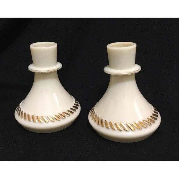 Vintage Pair Custard Glass with Gold accents Wheaton Ware Taper Candle Holders