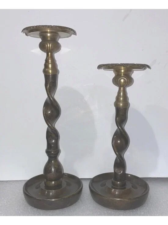 Southern Living Barley Twist Pillar Candlestick Pair #40582 #40583 Rubbed Bronze