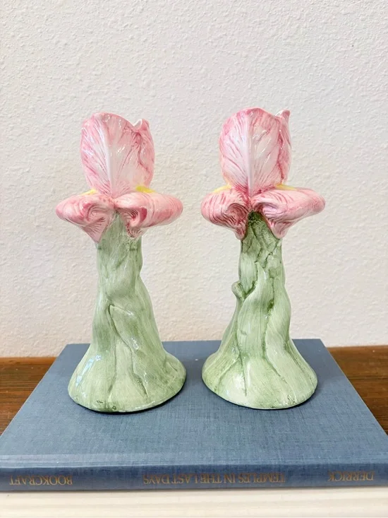 Handcrafted Pink Flower Ceramic Candle Holders - Set of 2