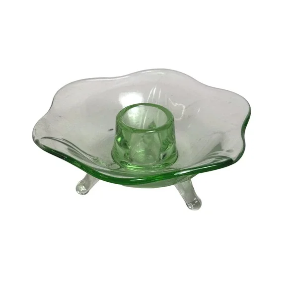 Fenton Uranium Glass Lotus 6 Petal 3 Footed Green Candle Holder UV Reactive