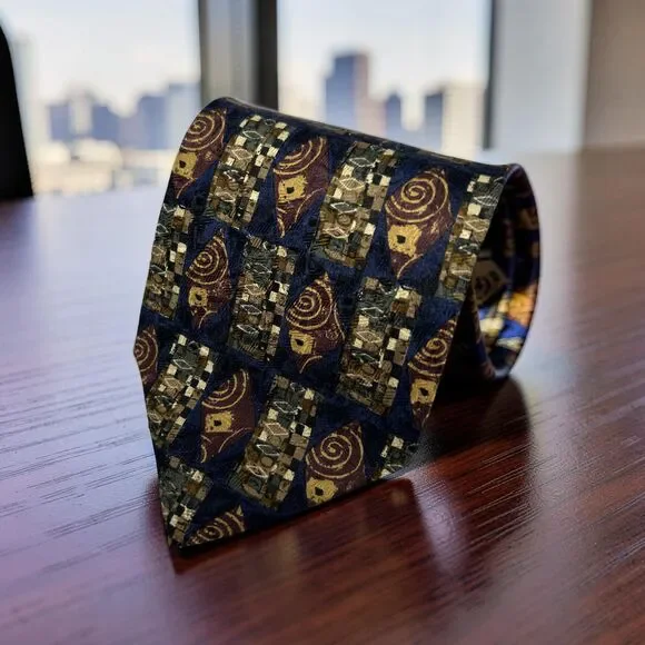 Ermenegildo Zegna Tie Silk Blue Burgundy Gold Geometric Abstract  58.25