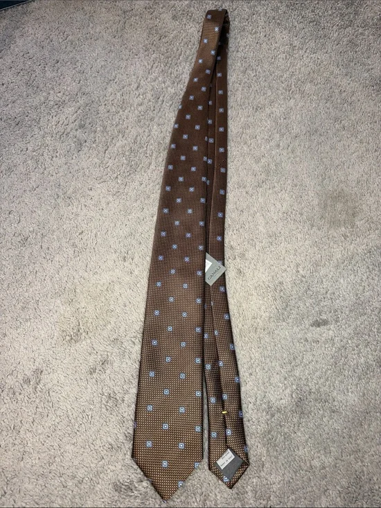 Canali Brown Silk Tie with Light Blue Square Motif