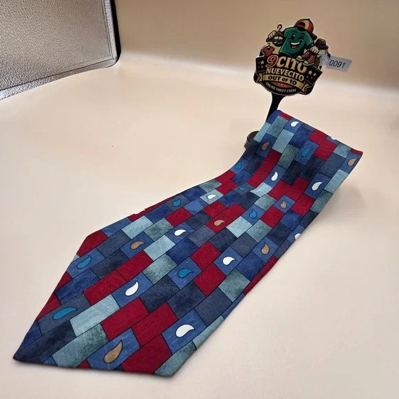 Oscar de la Renta Couture Collection Silk Tie Geometric Paisley Navy Burgundy