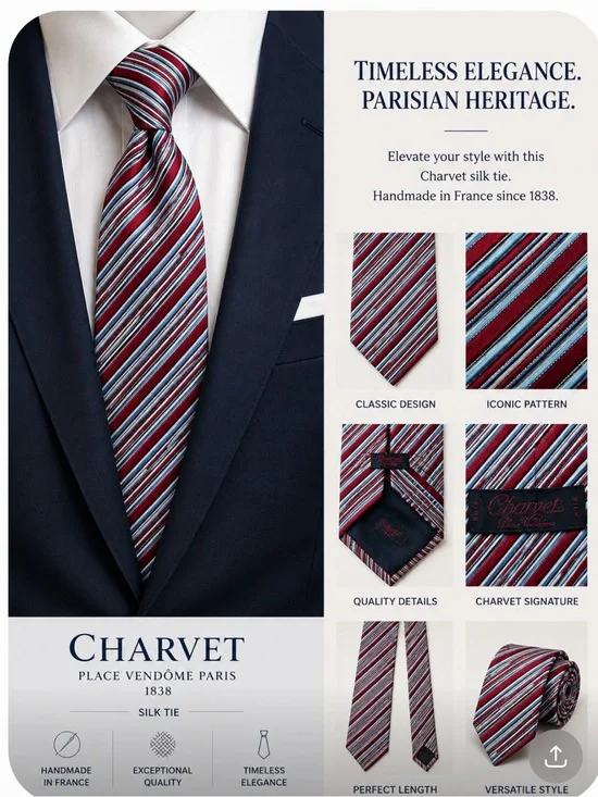 🔥CHARVET Place Vendome Striped Silk GORGEOUS tie Red/White/Blue France PriceFirm