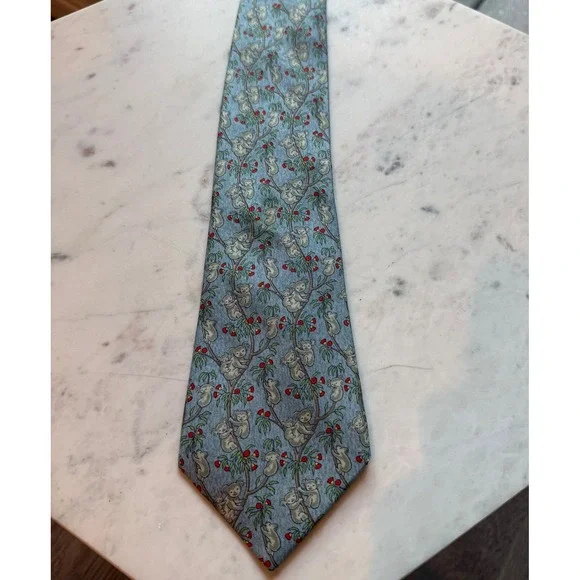 Hermes Silk Koala Family Tie Blue Animal Pattern Made in France
