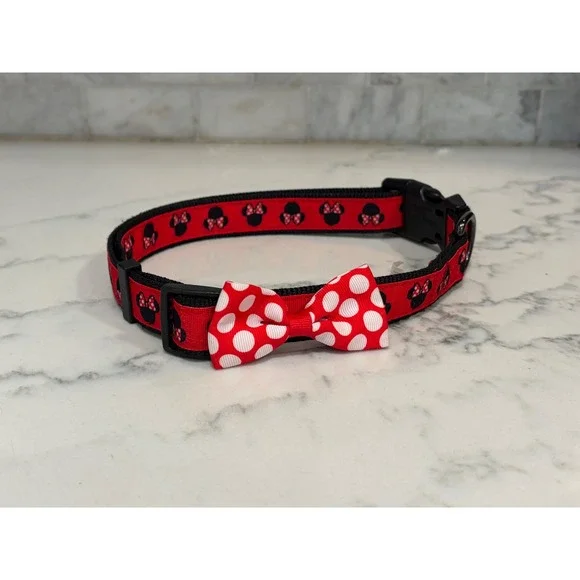 Disney Tails Minnie Mouse Red Black Polka Dot Bow Pet Dog Collar XL Disney Parks