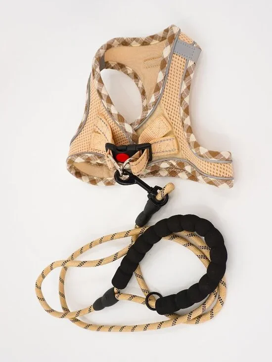 Haapaw Dog Cat Harness & Leash Set Tan Reflective Padded Size Medium